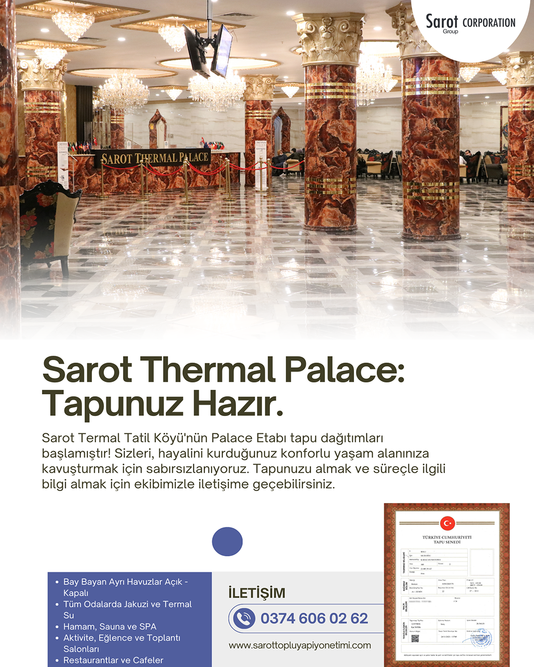 SAROT TERMAL TATIL KÖYÜ'NÜN PALACE ETABI TAPU DAĞITIMLARI BAŞLAMIŞTIR!